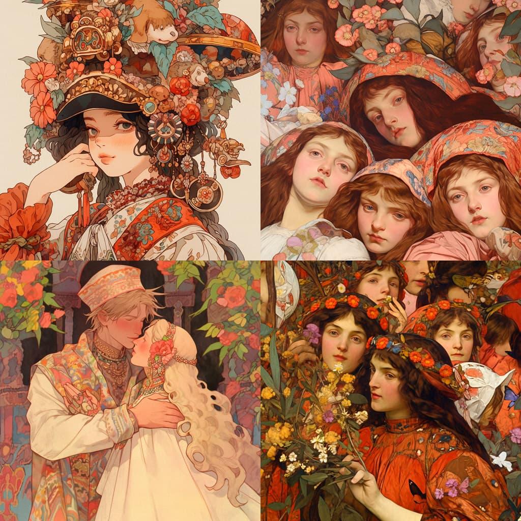 Lucy Madox Brown style, Midjourney Niji 5, render 1 of 4