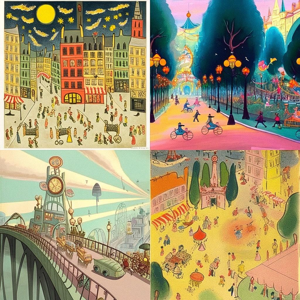 Ludwig Bemelmans style, Midjourney Niji 4, render 1 of 4