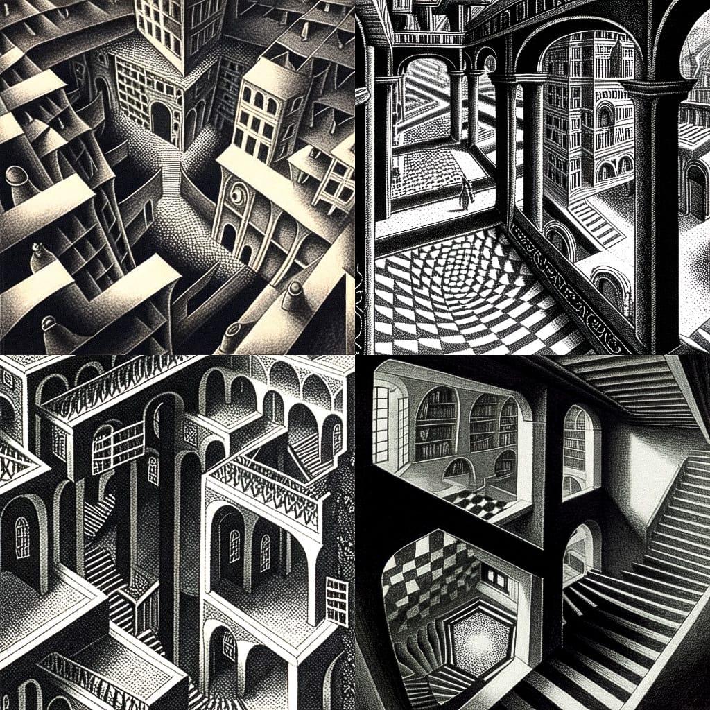 M. C. Escher style, Midjourney Niji 4, render 1 of 4
