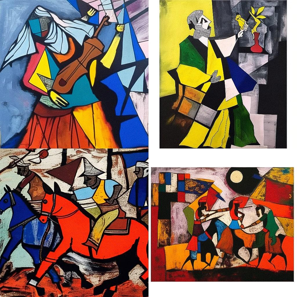 M. F. Husain style, Midjourney Niji 4, render 1 of 4