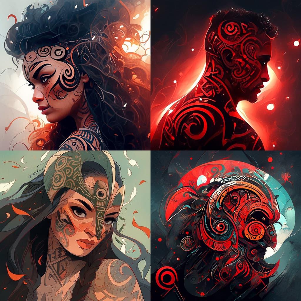 Maori art style, Midjourney Niji 5, render 1 of 4