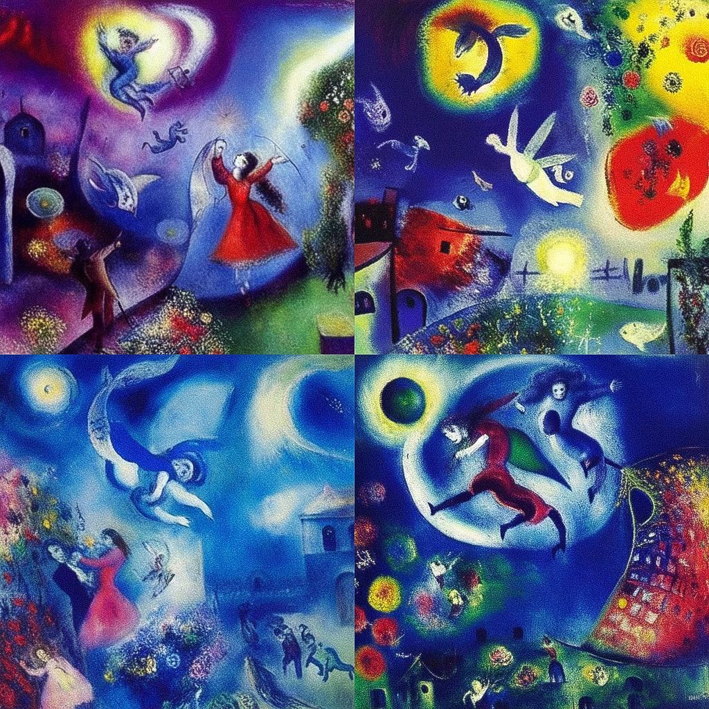 Marc Chagall style, Midjourney Niji 4, render 1 of 4