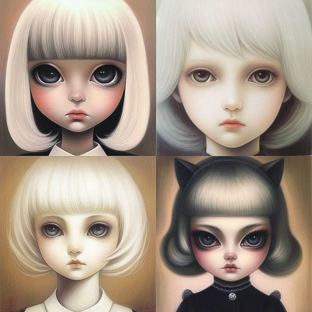 Margaret Keane style, Midjourney Niji 4, render 1 of 4