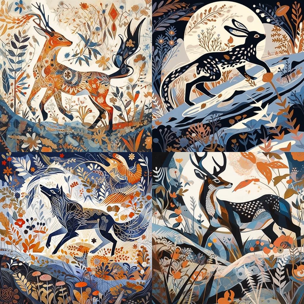 Mark Hearld style, Midjourney Niji 5, render 1 of 4