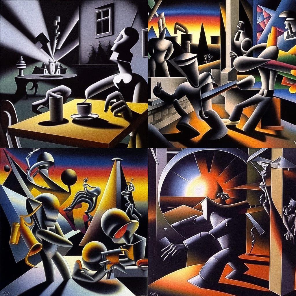 Mark Kostabi style, Midjourney Niji 4, render 1 of 4