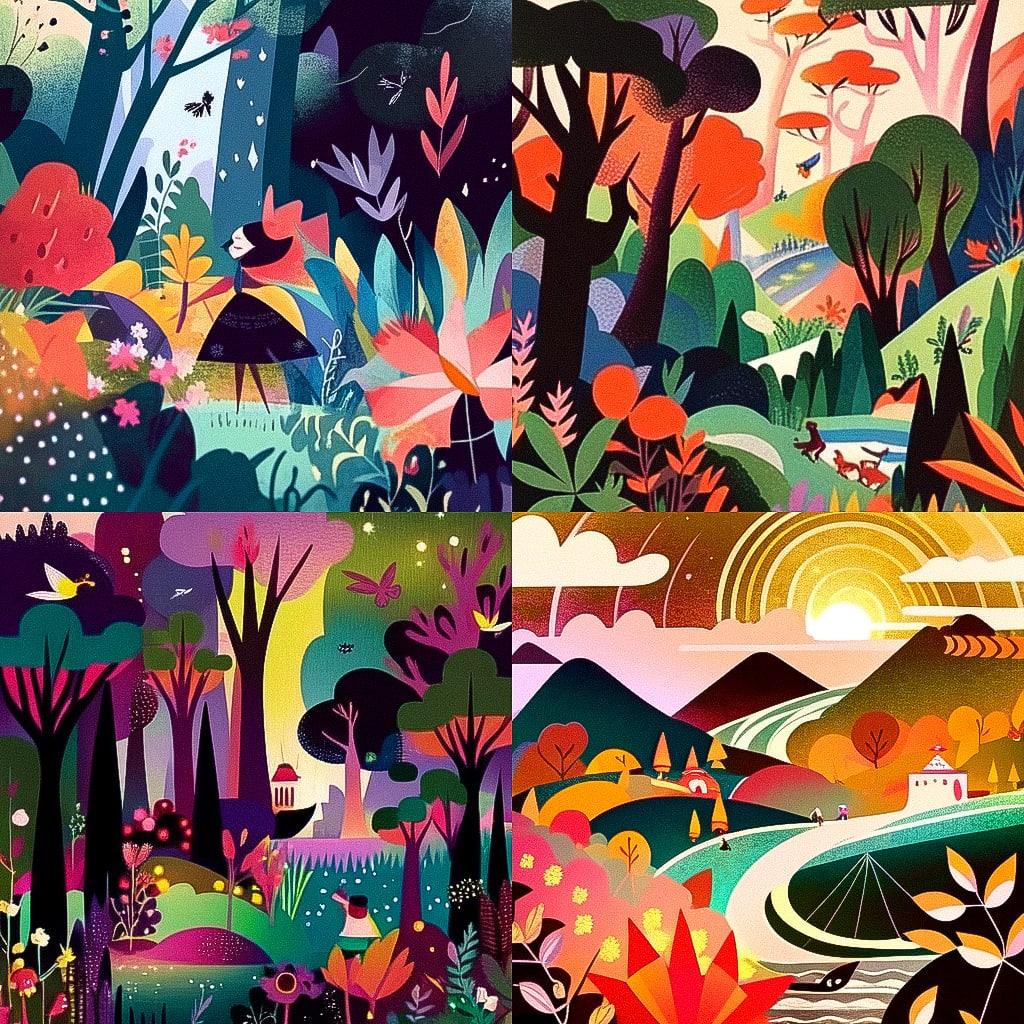 Mary Blair style, Midjourney Niji 4, render 1 of 4