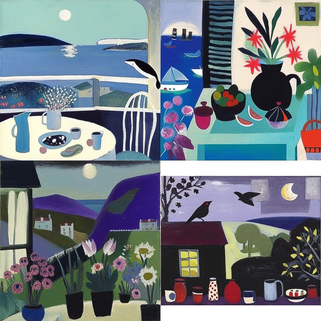 Mary Fedden style, Midjourney Niji 4, render 1 of 4