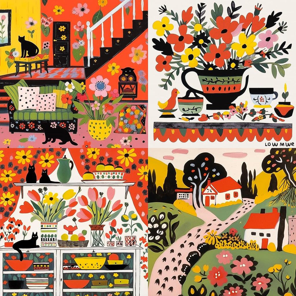 Maud Lewis style, Midjourney Niji 5, render 1 of 4