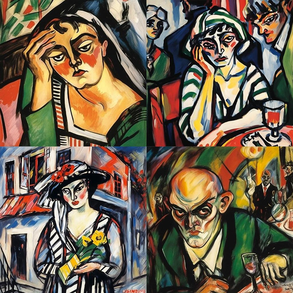 Max Beckmann style, Midjourney Niji 5, render 1 of 4