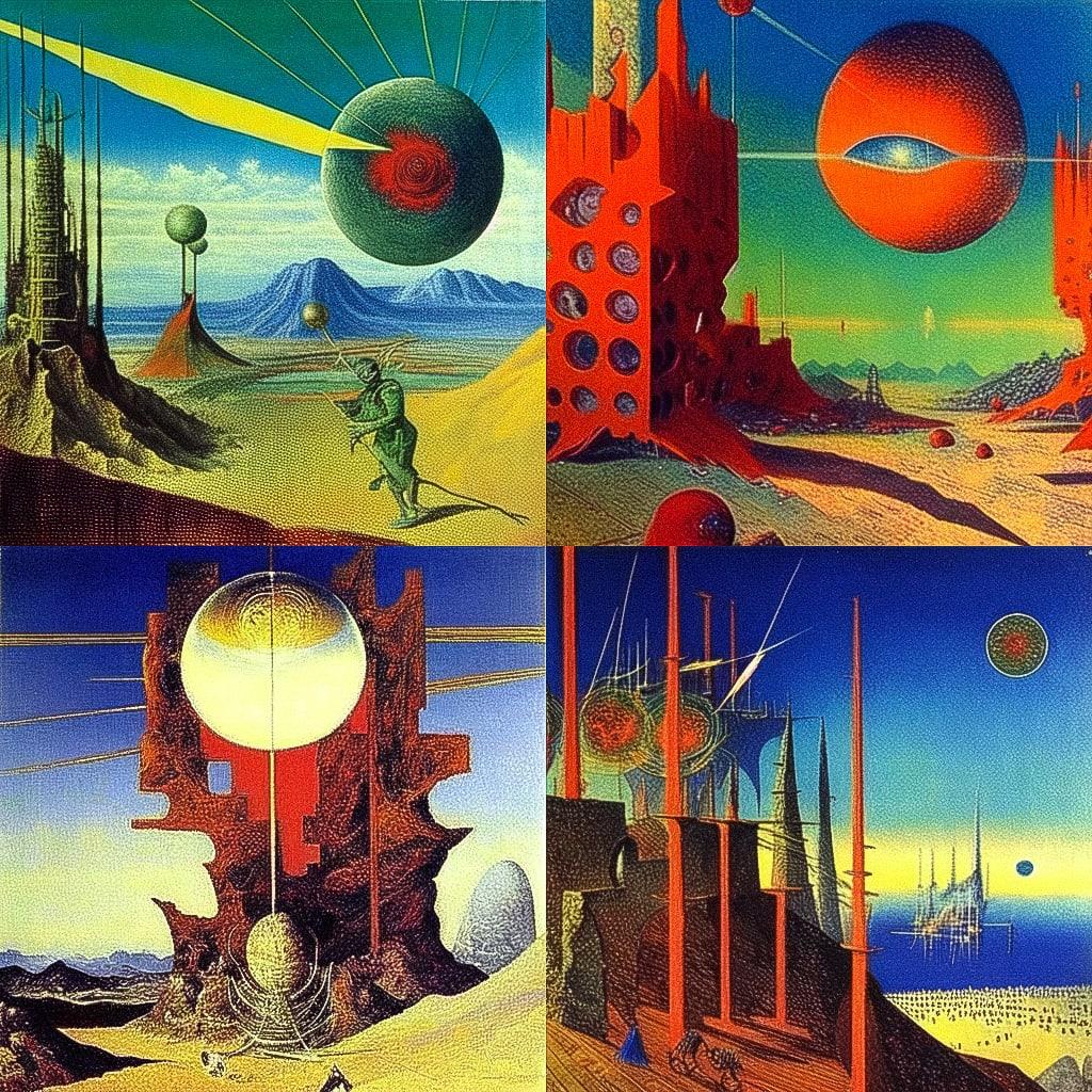 Max Ernst style, Midjourney Niji 4, render 1 of 4