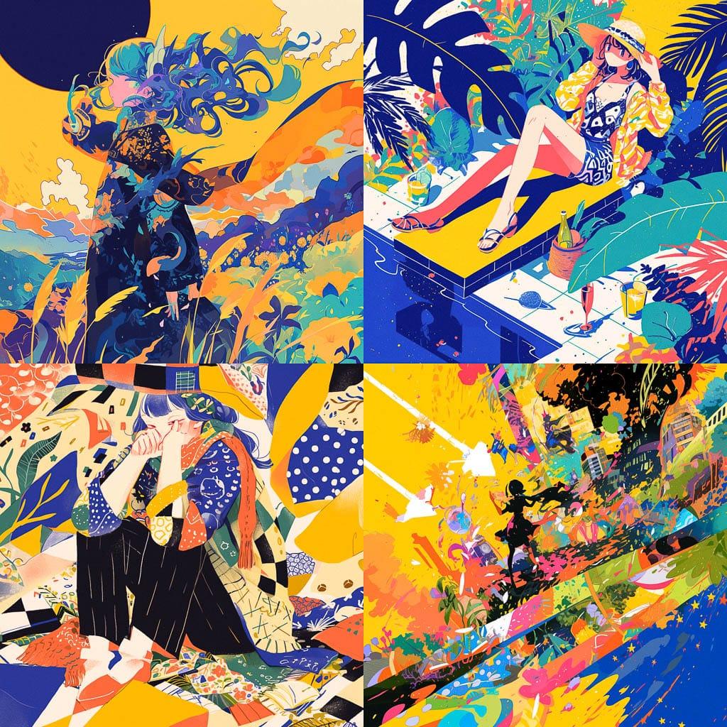 Maximalist composition style, Midjourney Niji 6, render 1 of 4