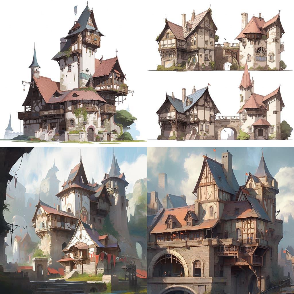 Medieval architecture style, Midjourney Niji 4, render 1 of 4