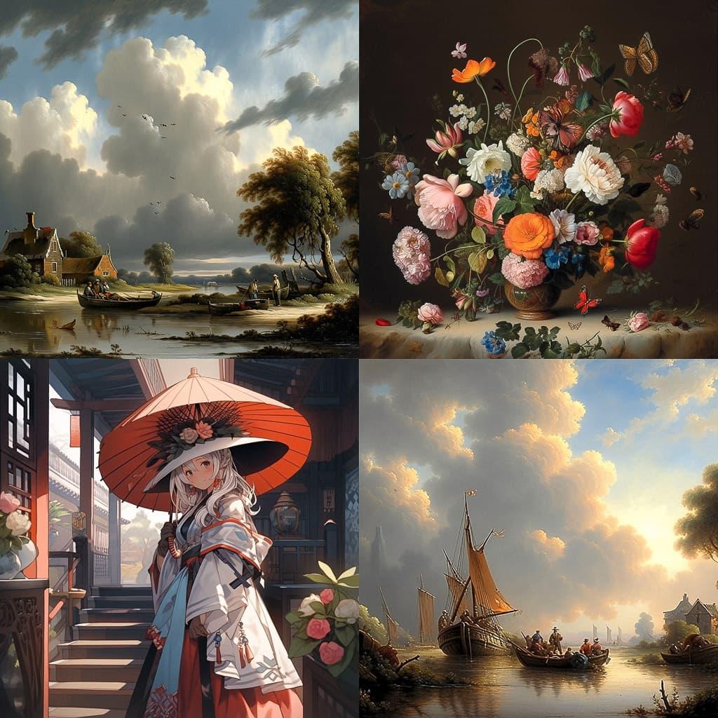 Meindert Hobbema style, Midjourney Niji 5, render 1 of 4