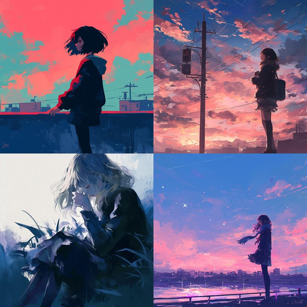 Melancholic atmosphere style, Midjourney Niji 6, render 1 of 4