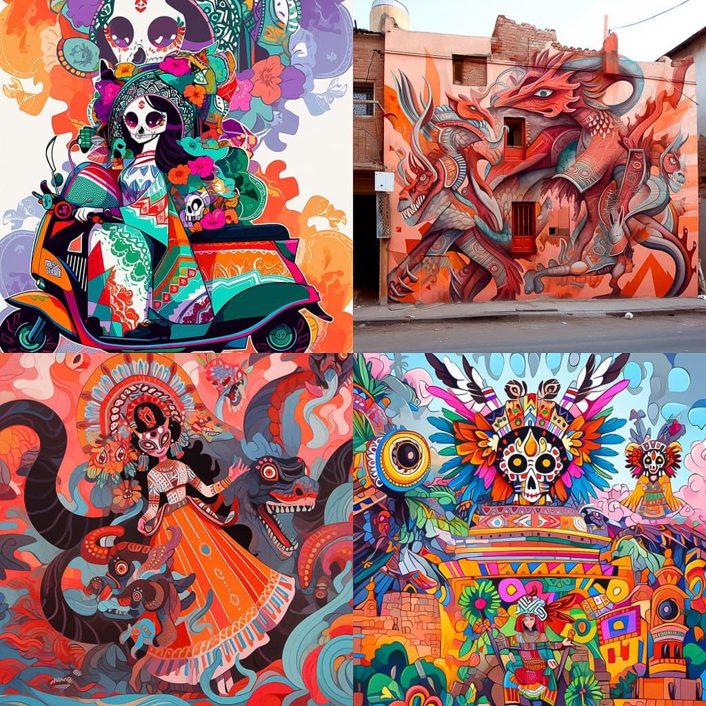Mexican muralism style, Midjourney Niji 5, render 1 of 4