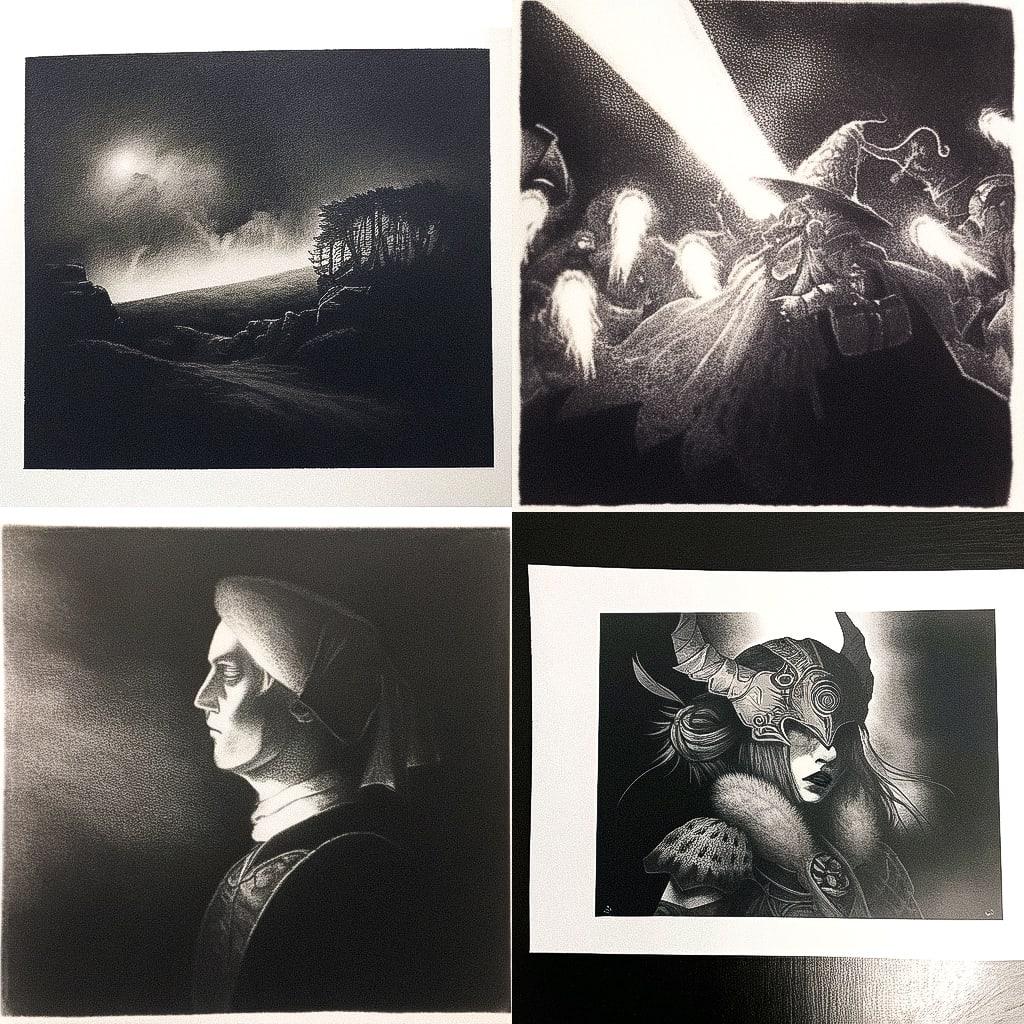 Mezzotint print style, Midjourney Niji 4, render 1 of 4