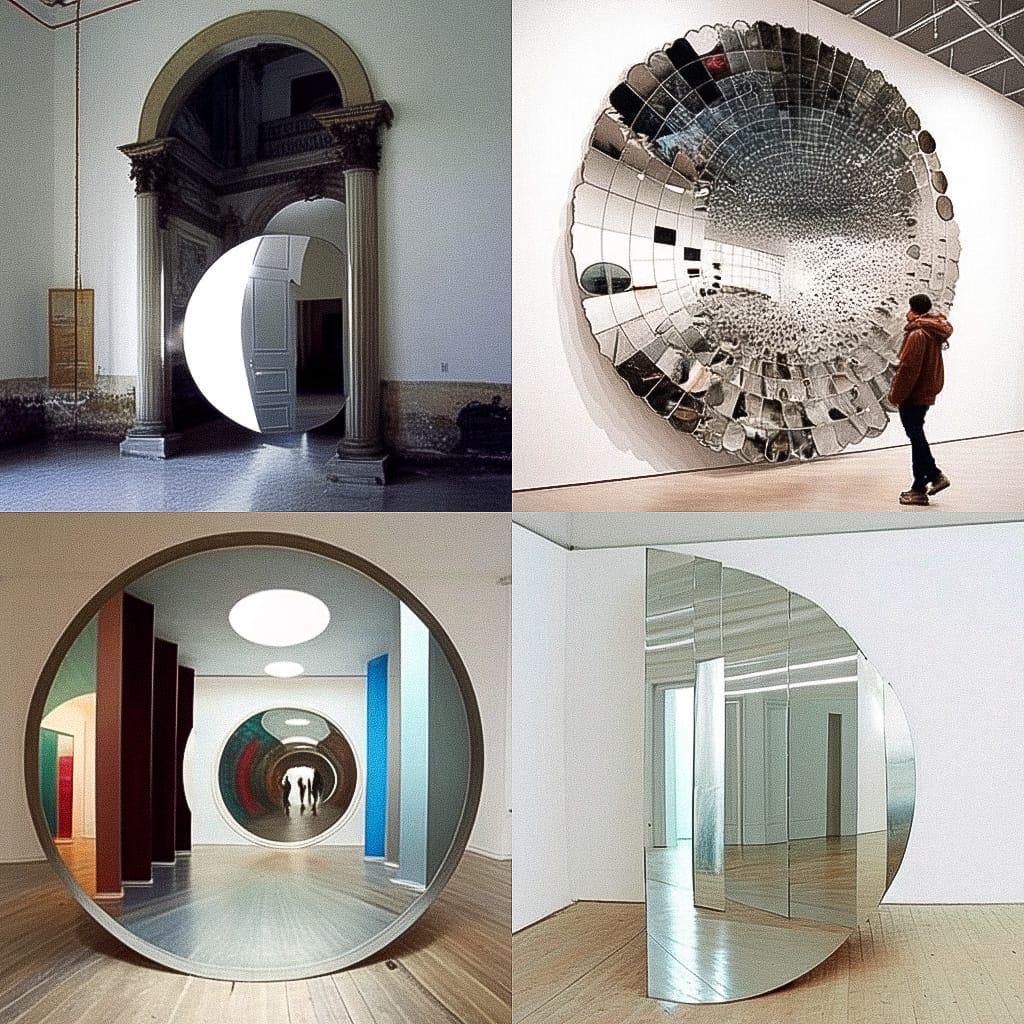 Michelangelo Pistoletto style, Midjourney Niji 4, render 1 of 4