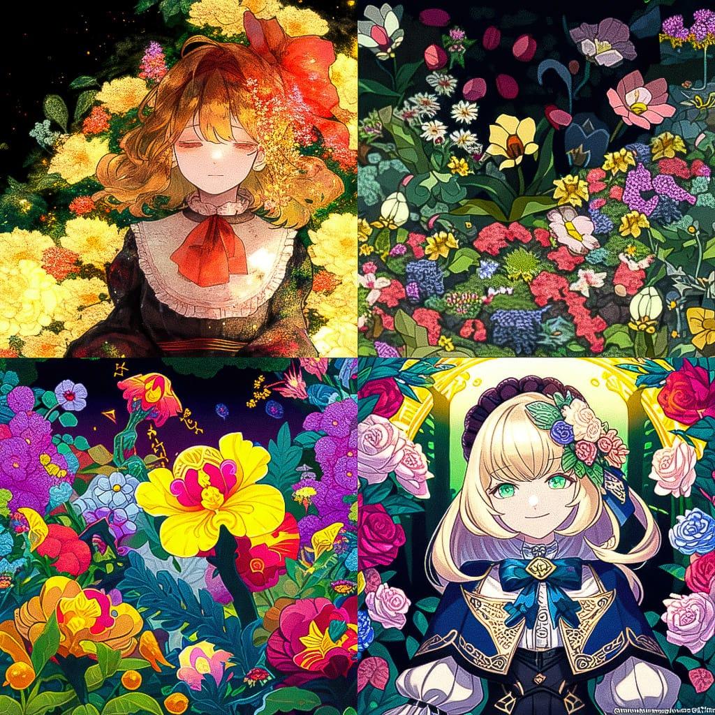 Millefleurs tapestry style, Midjourney Niji 4, render 1 of 4