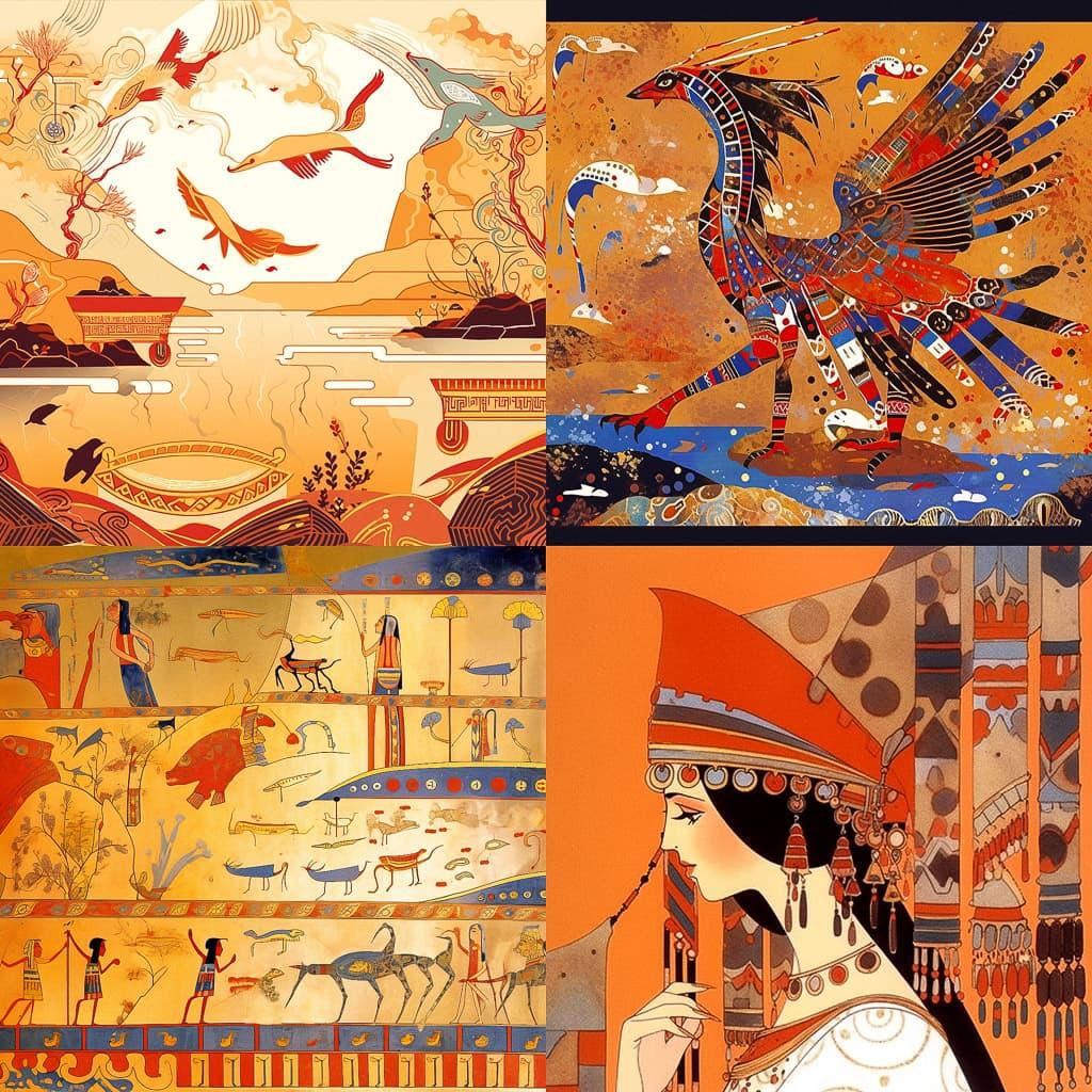 Minoan art style, Midjourney Niji 5, render 1 of 4