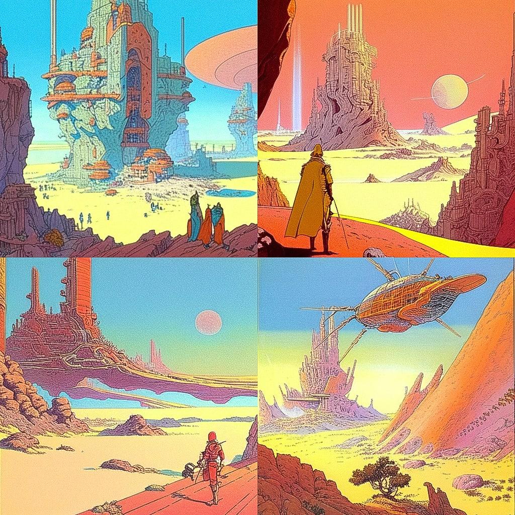 Moebius style, Midjourney Niji 5, render 1 of 4