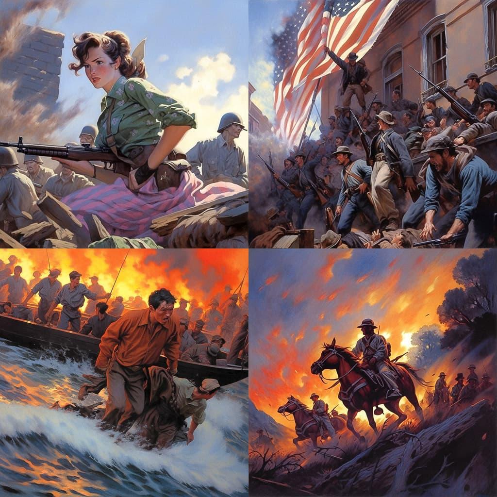 Mort Kunstler style, Midjourney Niji 5, render 1 of 4