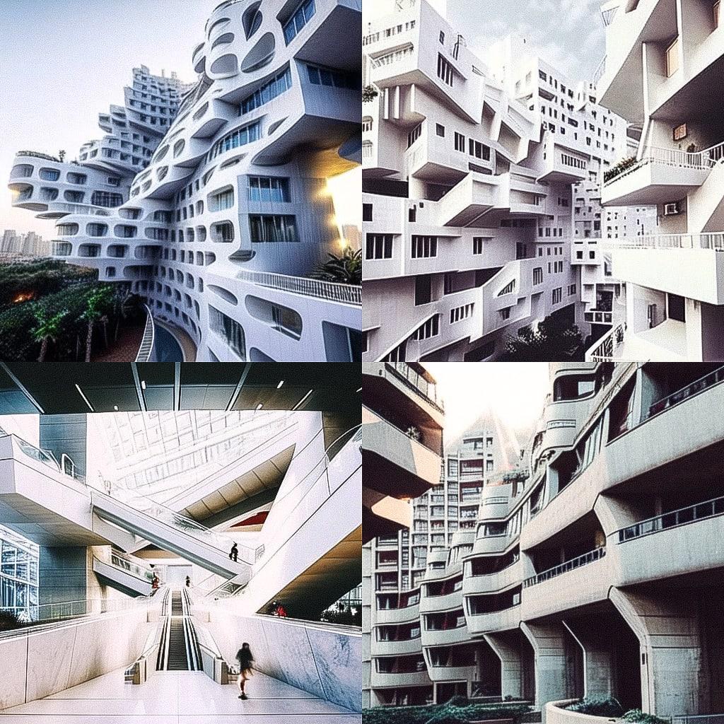 Moshe Safdie style, Midjourney Niji 4, render 1 of 4
