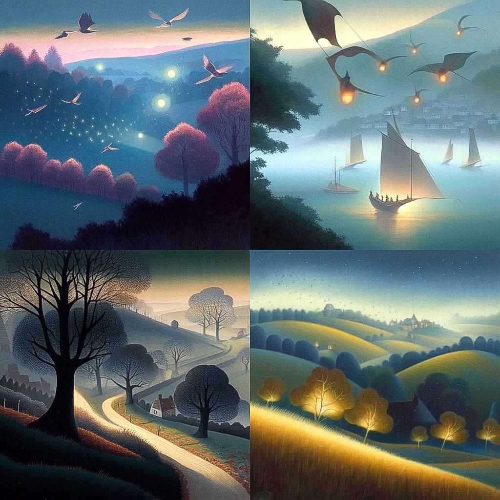 Nicholas Hely Hutchinson style, Midjourney Niji 4, render 1 of 4