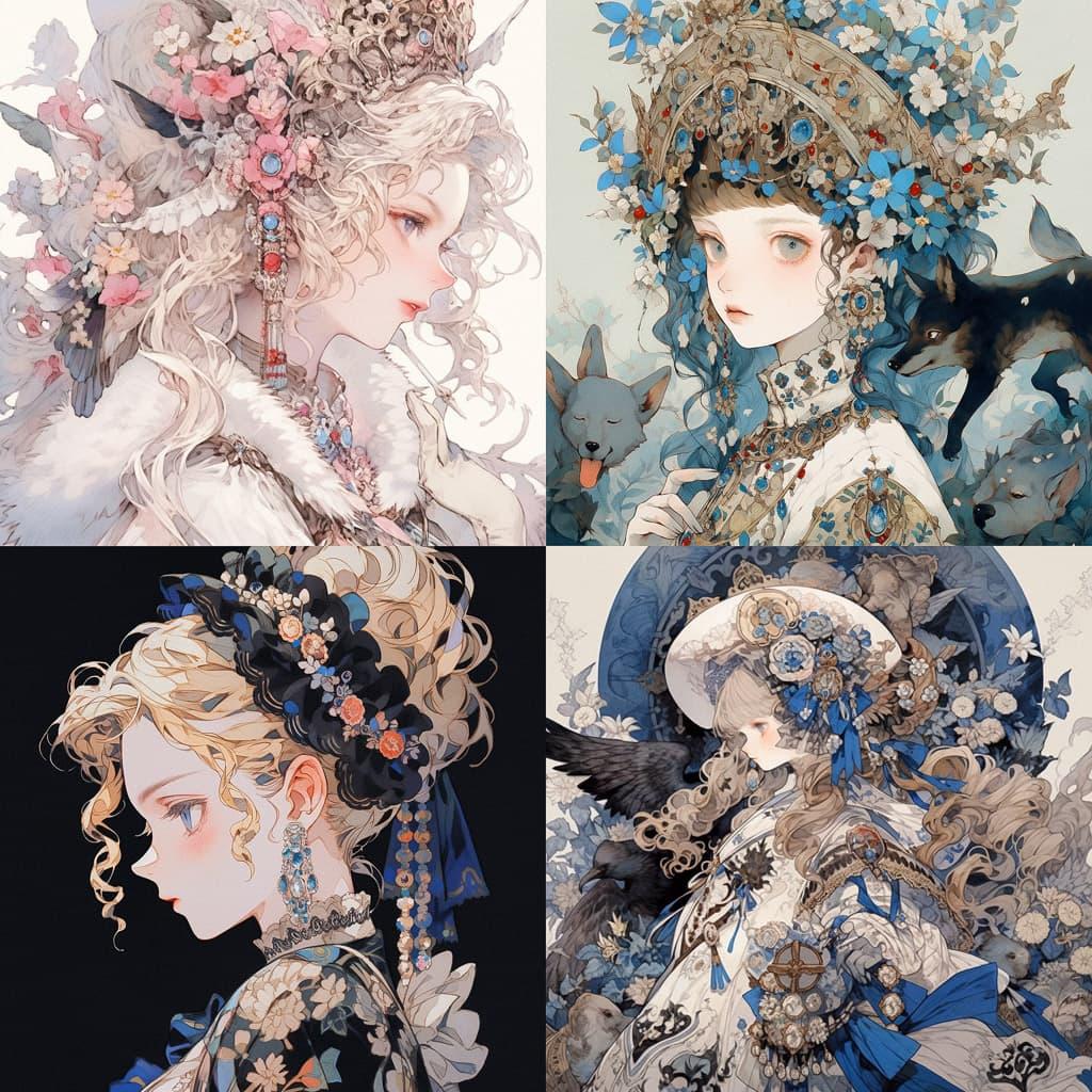 Nicholas Hilliard style, Midjourney Niji 5, render 1 of 4