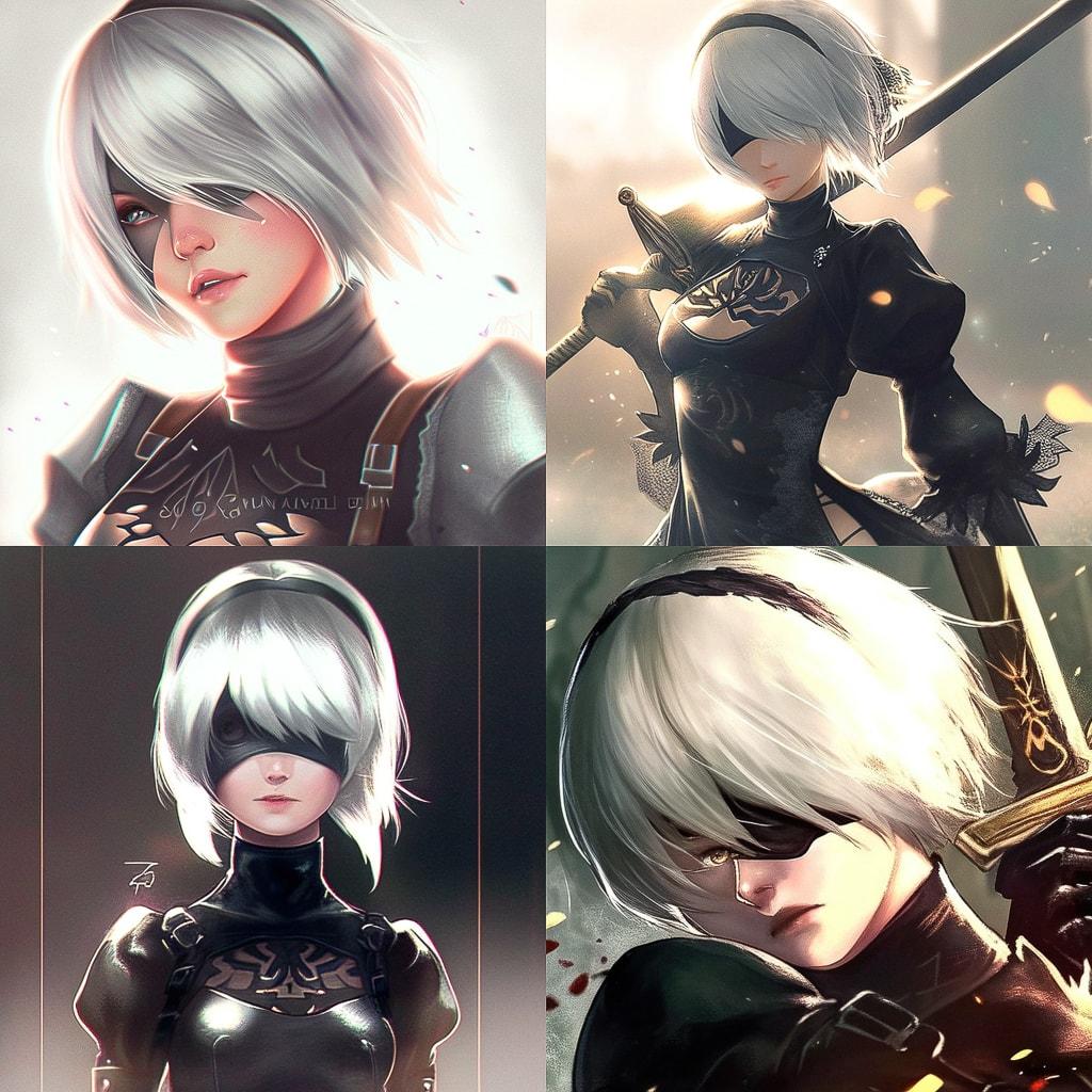Nier Automata style, Midjourney Niji 4, render 1 of 4