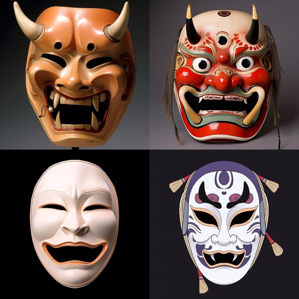 Noh Theater mask style, Midjourney Niji 5, render 1 of 4