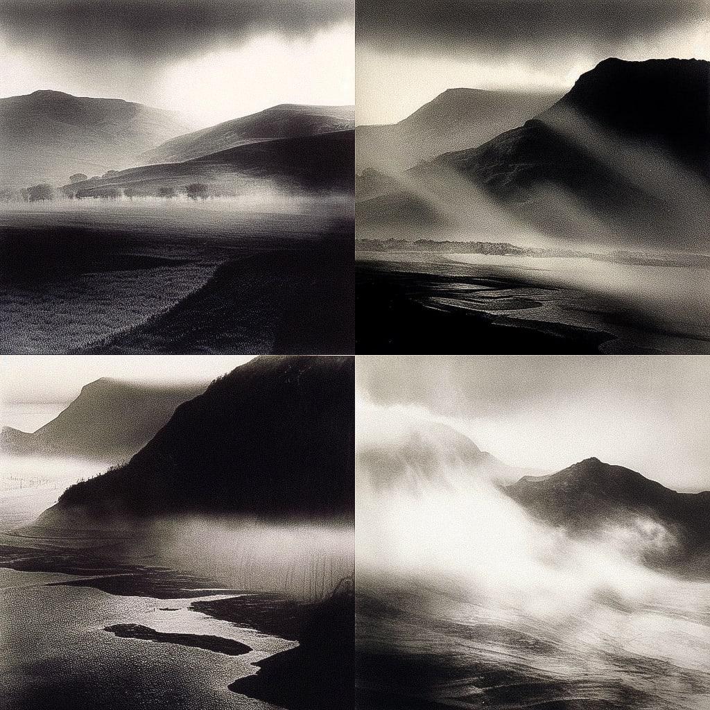 Norman Ackroyd style, Midjourney Niji 4, render 1 of 4
