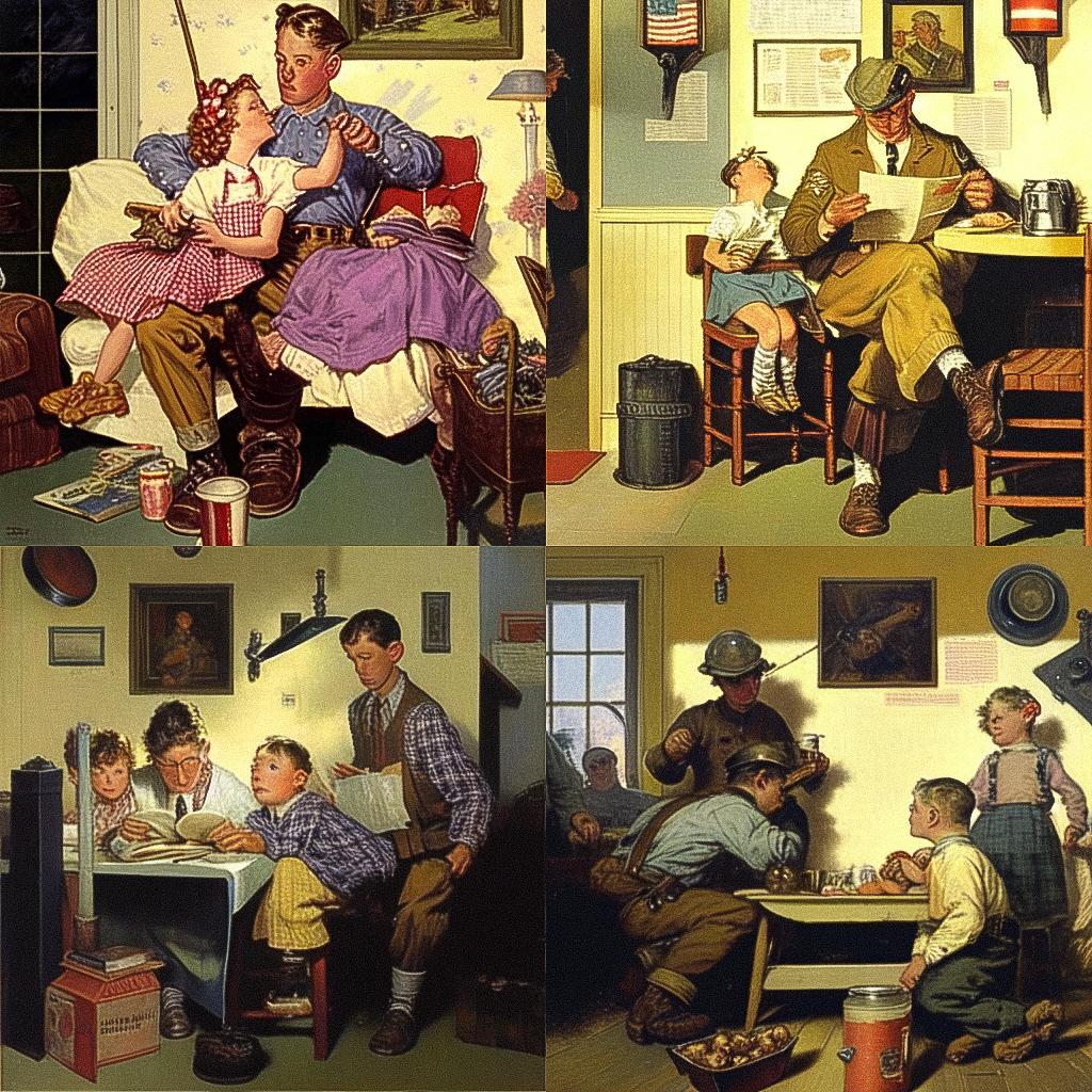 Norman Rockwell style, Midjourney Niji 4, render 1 of 4