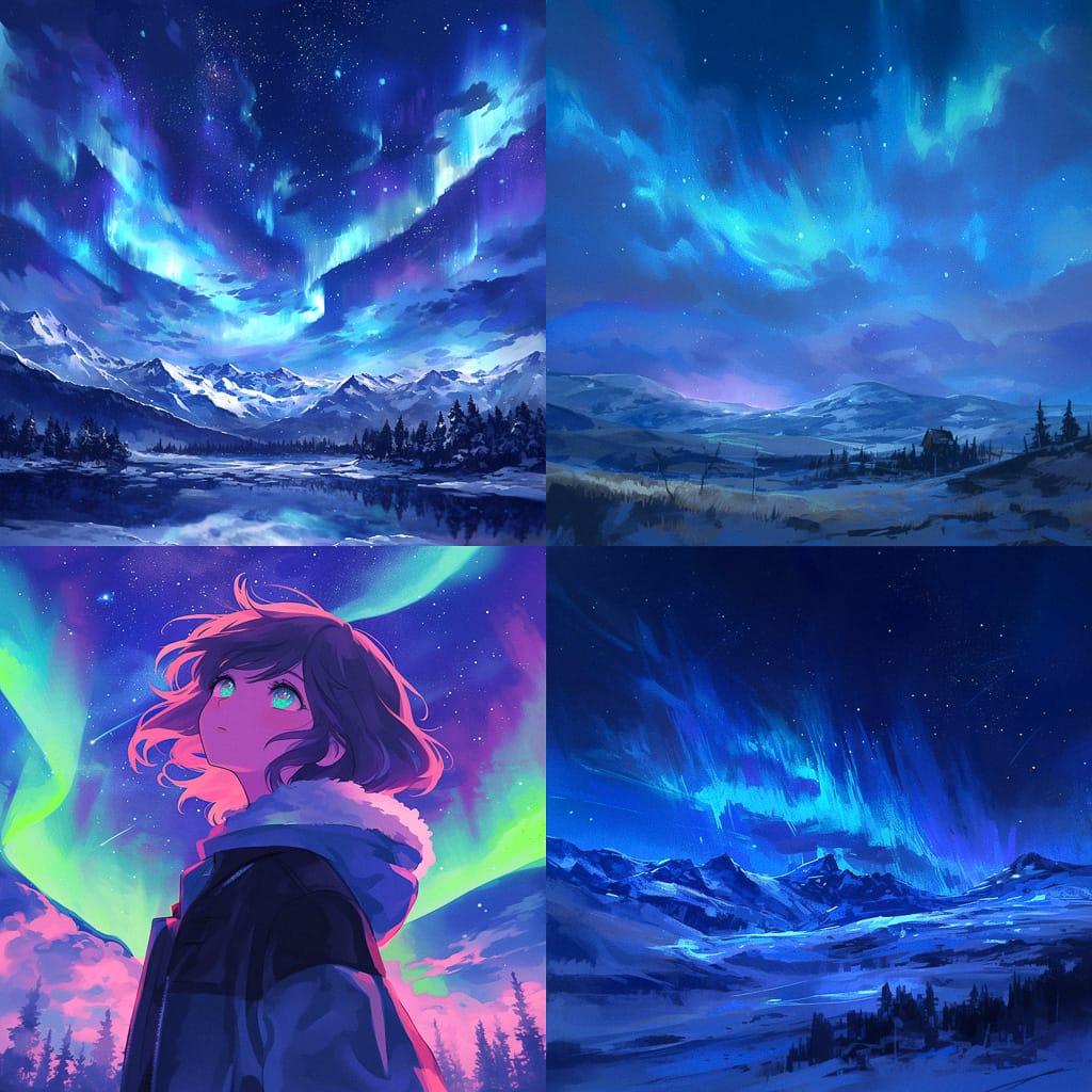 Northern lights style, Midjourney Niji 6, render 1 of 4