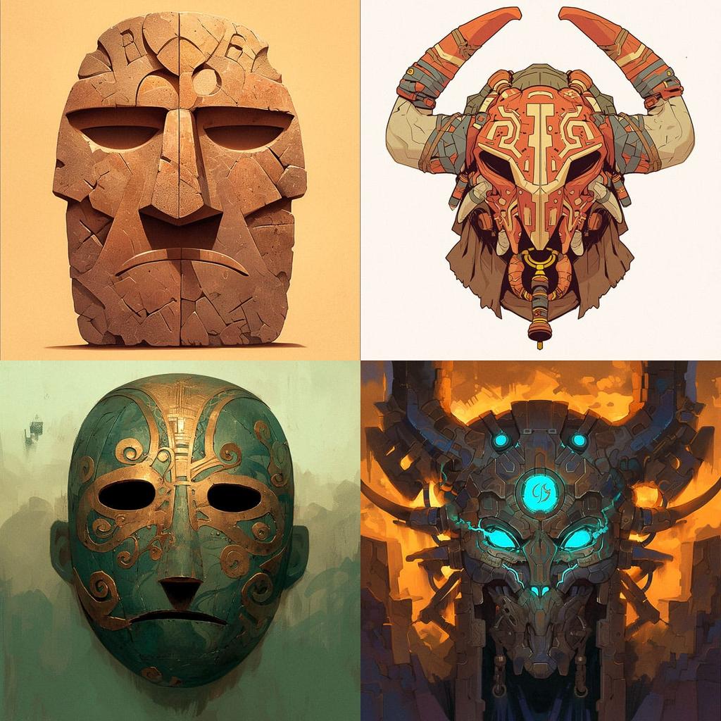 Nuragic mask style, Midjourney Niji 6, render 1 of 4