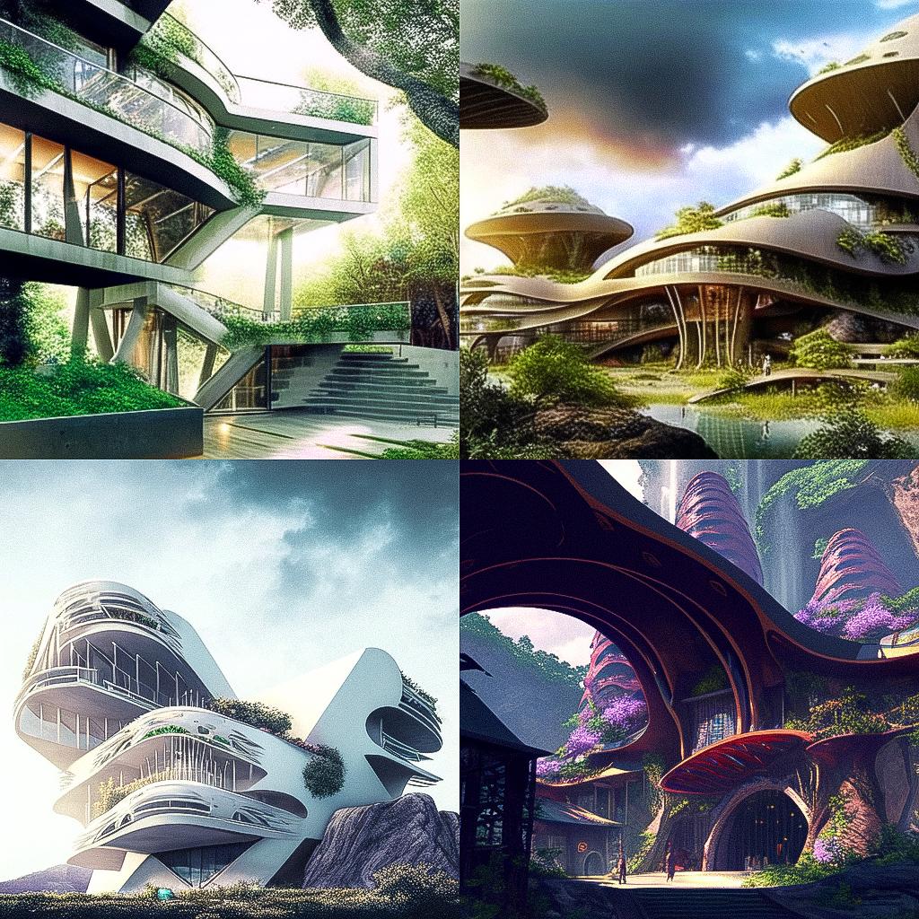 Organic architecture style, Midjourney Niji 4, render 1 of 4