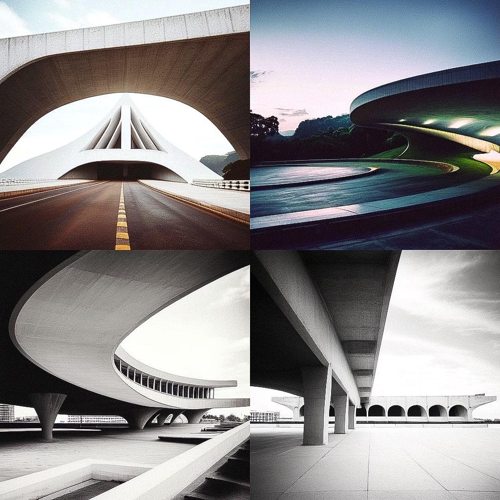 Oscar Niemeyer style, Midjourney Niji 4, render 1 of 4