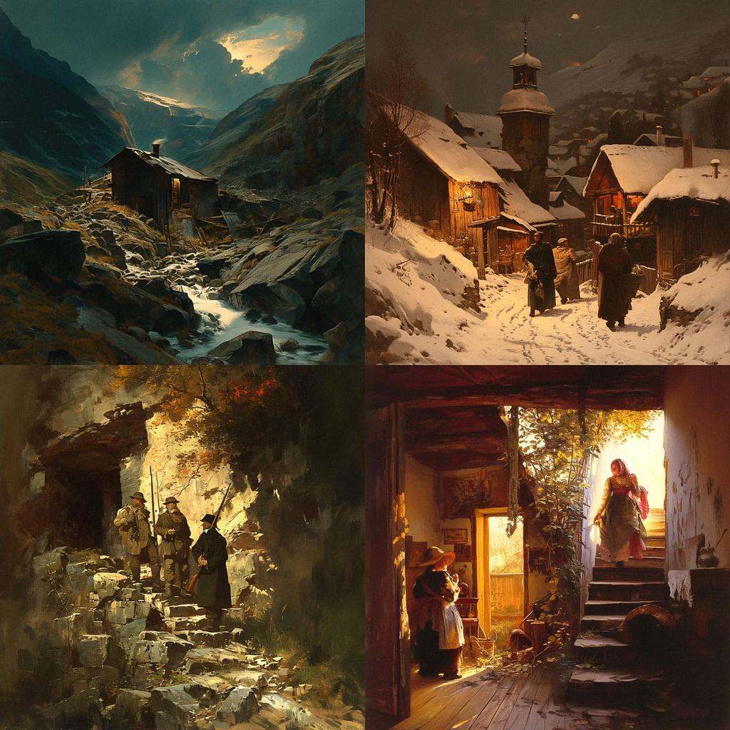 Oswald Achenbach style, Midjourney Niji 6, render 1 of 4