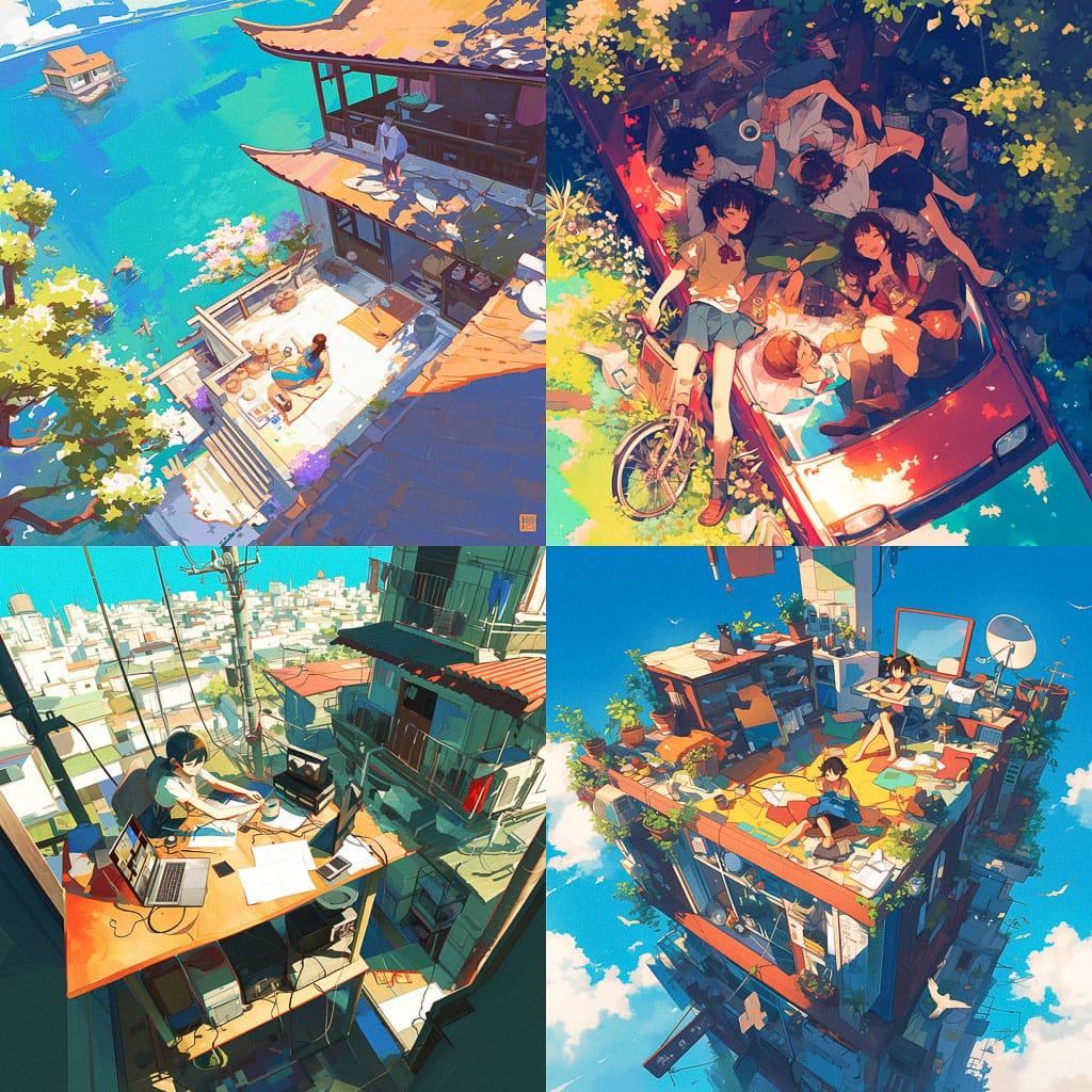 Overhead view style, Midjourney Niji 6, render 1 of 4