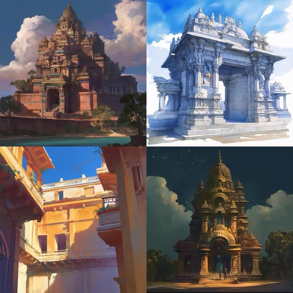 Pallava architecture style, Midjourney Niji 6, render 1 of 4
