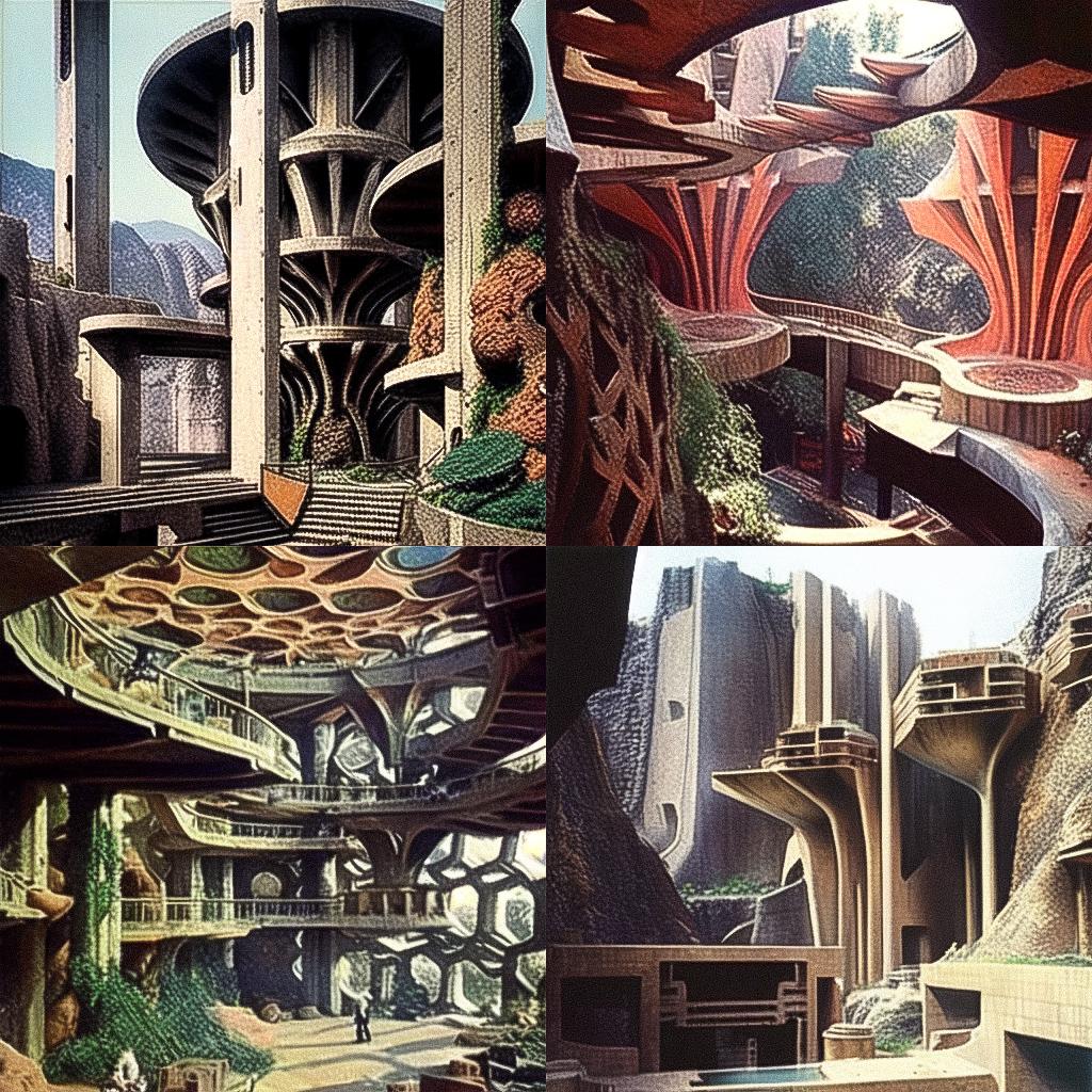Paolo Soleri style, Midjourney Niji 4, render 1 of 4
