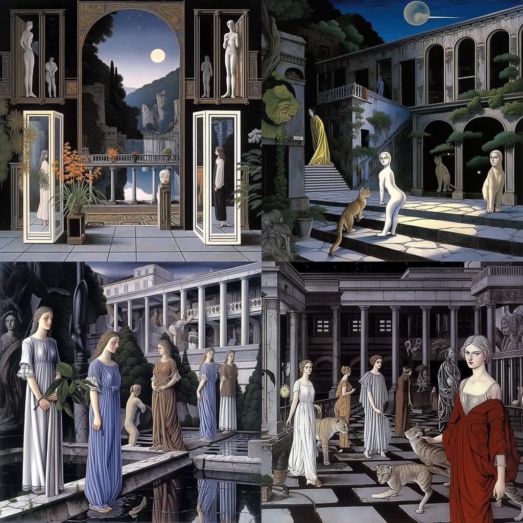 Paul Delvaux style, Midjourney Niji 5, render 1 of 4