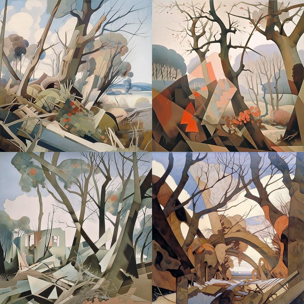 Paul Nash style, Midjourney Niji 5, render 1 of 4