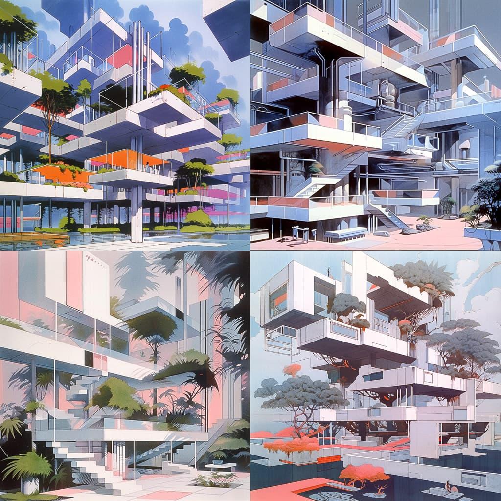 Paul Rudolph style, Midjourney Niji 5, render 1 of 4