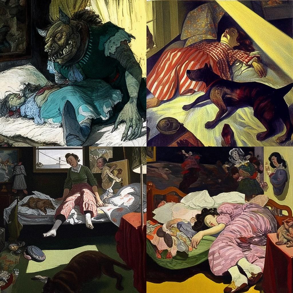 Paula Rego style, Midjourney Niji 4, render 1 of 4