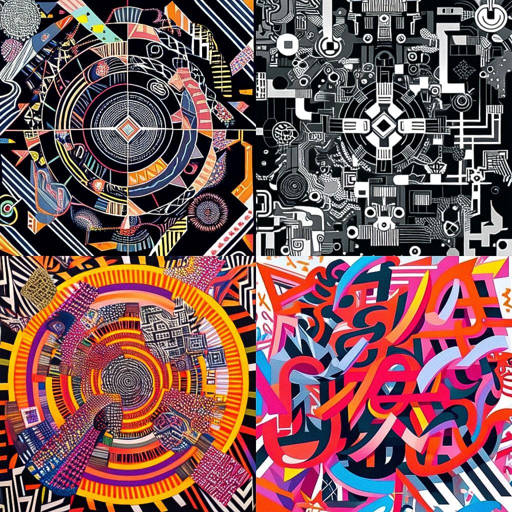 Paula Scher style, Midjourney Niji 4, render 1 of 4
