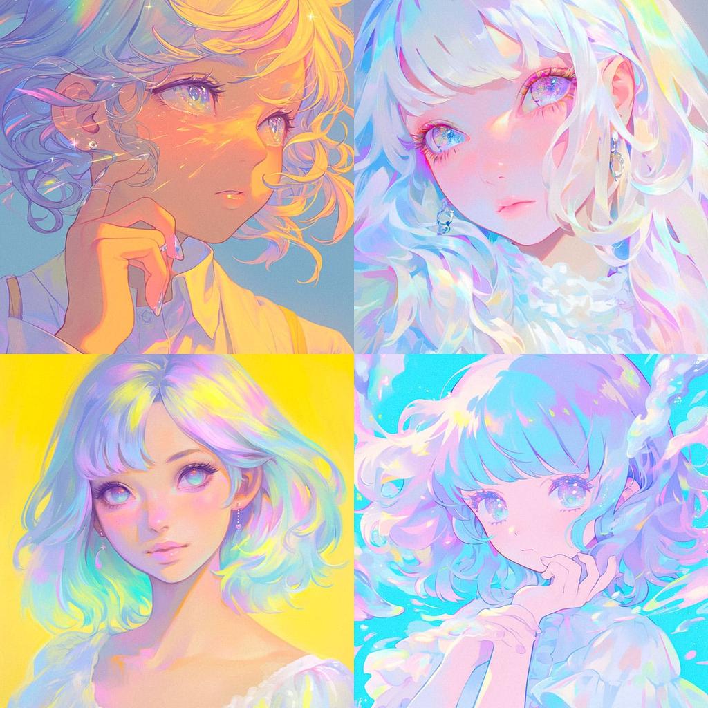 Pearlescent colors style, Midjourney Niji 5, render 1 of 4