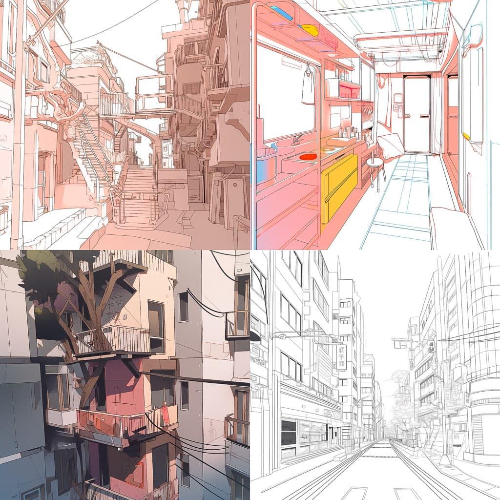 Perspective drawing style, Midjourney Niji 5, render 1 of 4