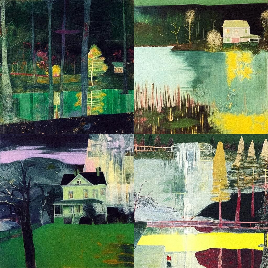 Peter Doig style, Midjourney Niji 4, render 1 of 4