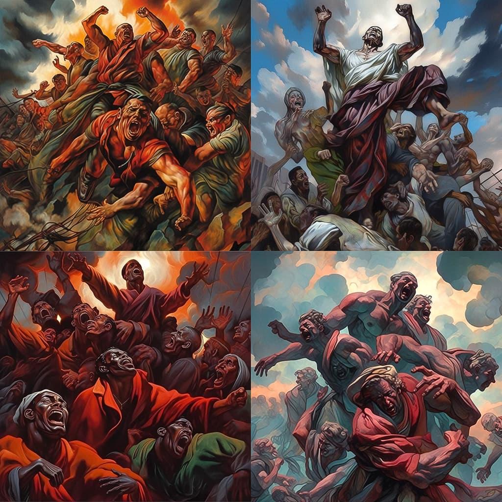 Peter Howson style, Midjourney Niji 5, render 1 of 4