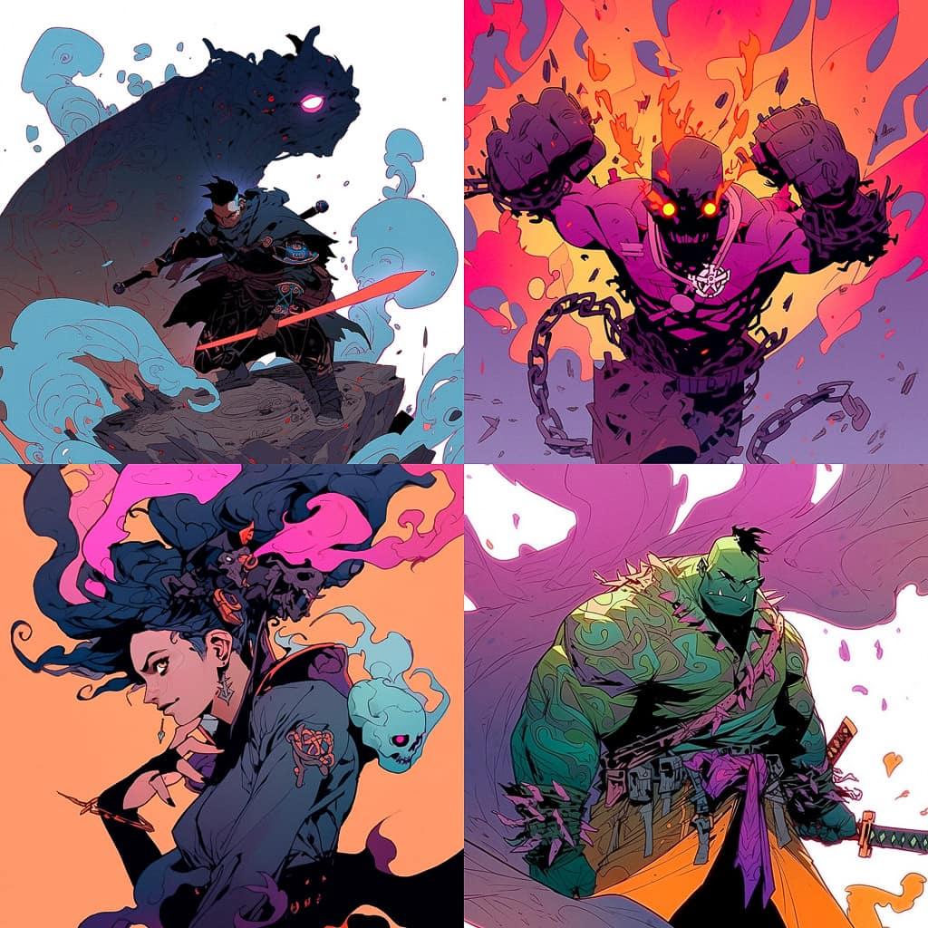 Phil Hester style, Midjourney Niji 5, render 1 of 4